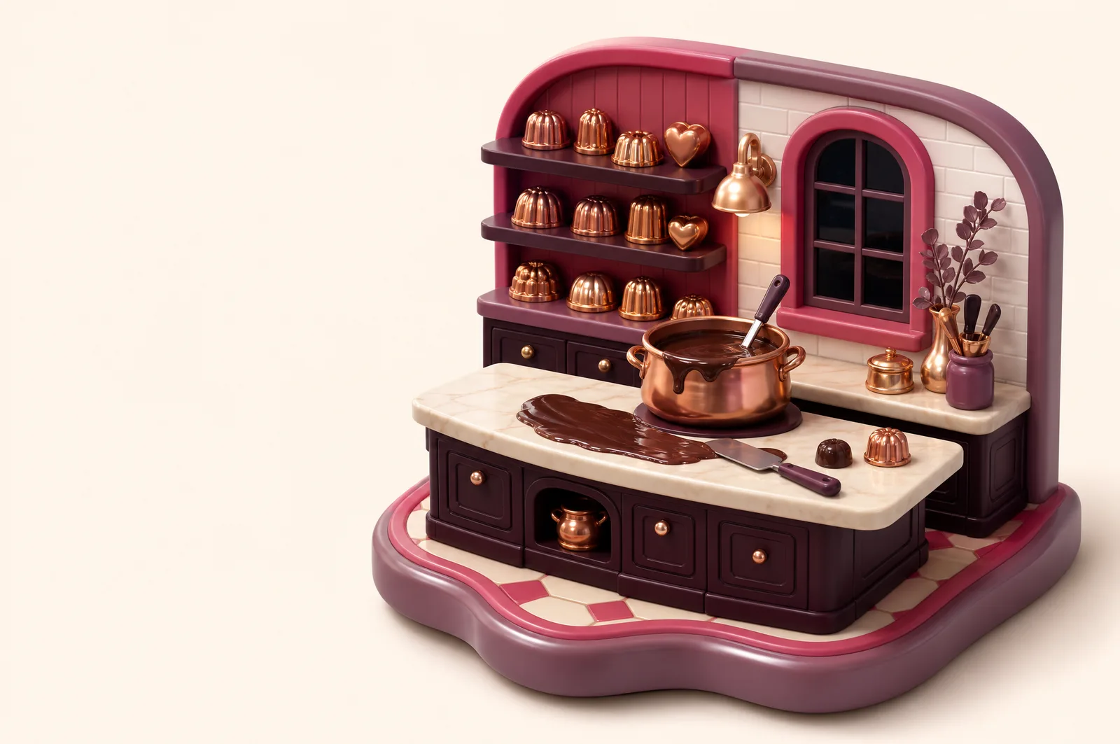 A warm chocolate atelier with molten chocolate being spread on a marble bench beside copper moulds
