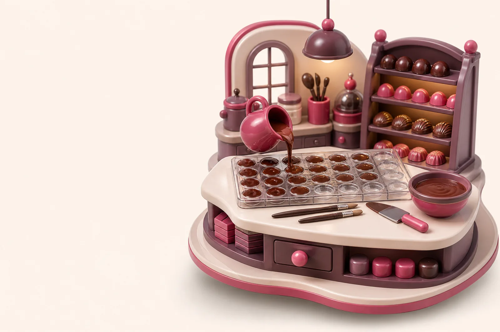 Rows of polished bonbon moulds being filled with chocolate in a cool workroom