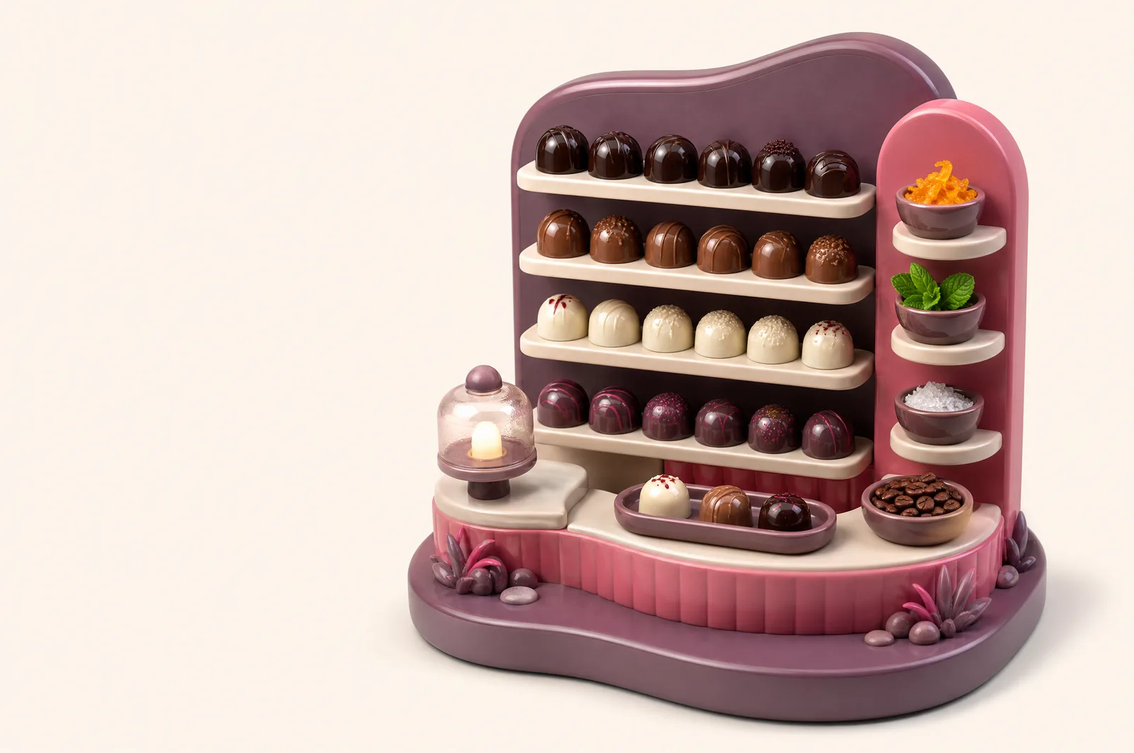 Shelves of glossy dark, milk and white bonbons beside small bowls of ingredients
