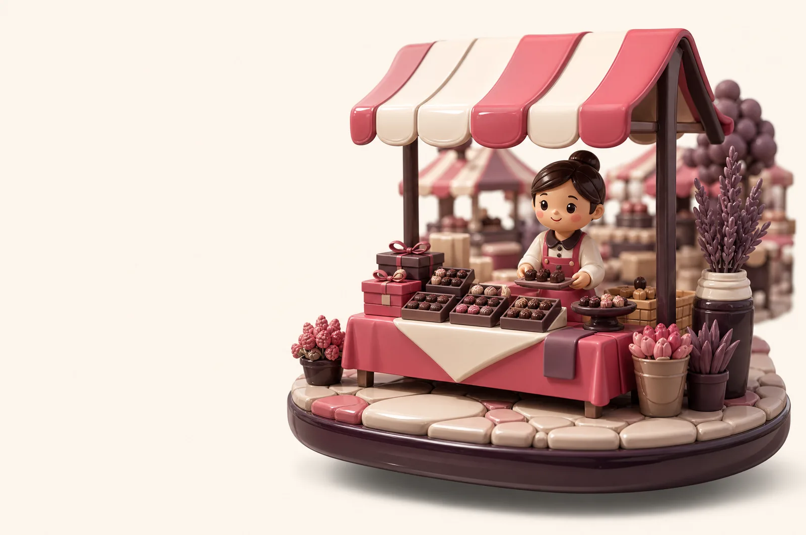 A farmers market stall with chocolate gift boxes and a tasting plate under a striped awning