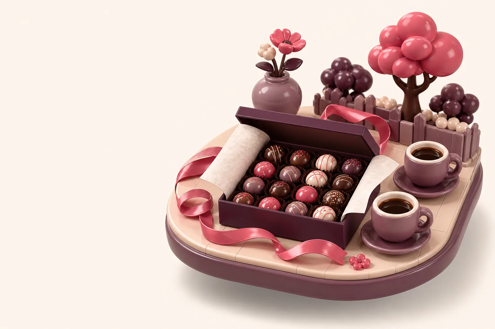 An opened ribboned gift box of glossy bonbons on a sunny table beside two coffees